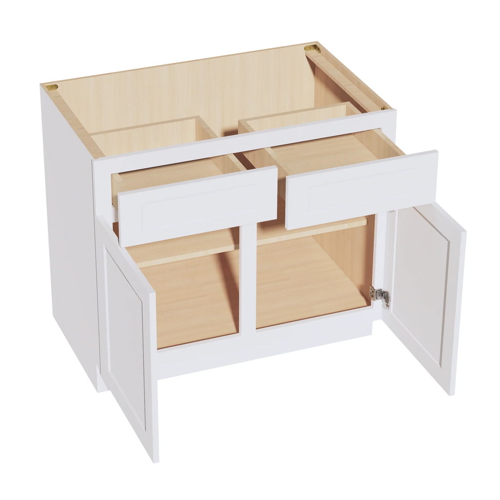 White storage unit with open doors revealing wooden shelves on a white background