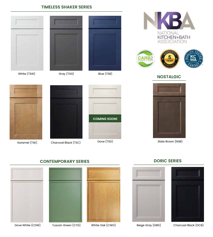 Cabinets with various colors and finishes, including NKBA certification logos, on a white background.
