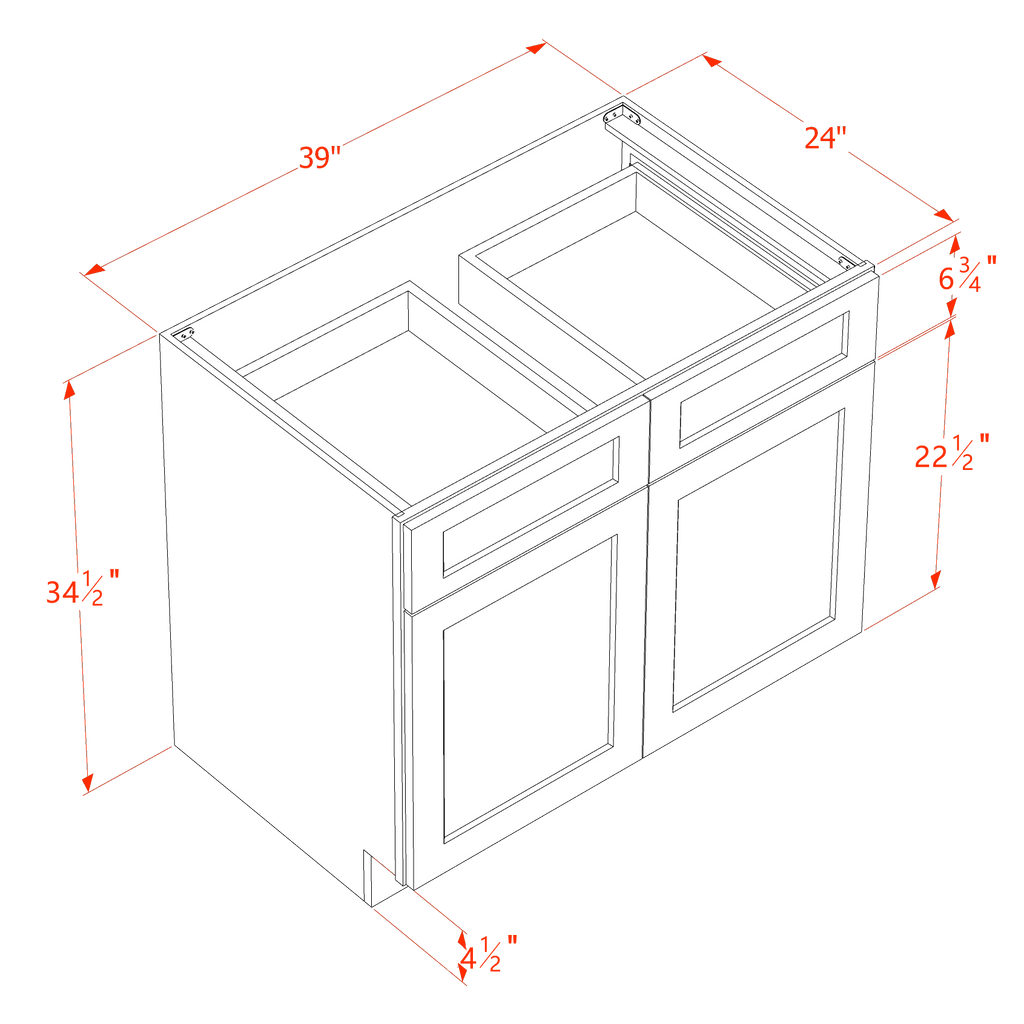 White kitchen cabinet with dimensions on a green background