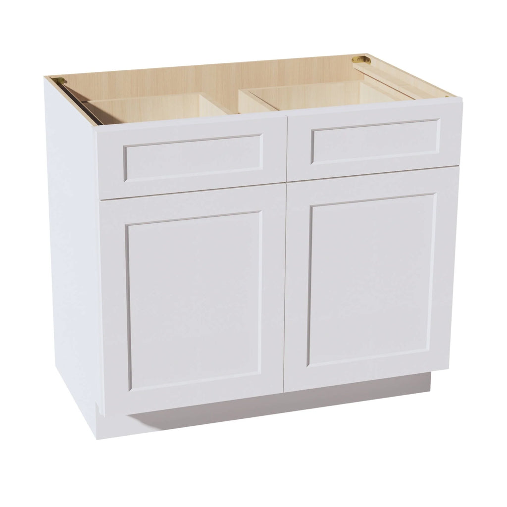 White kitchen cabinet with wooden top on a white background