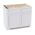 White kitchen cabinet with wooden top on a white background